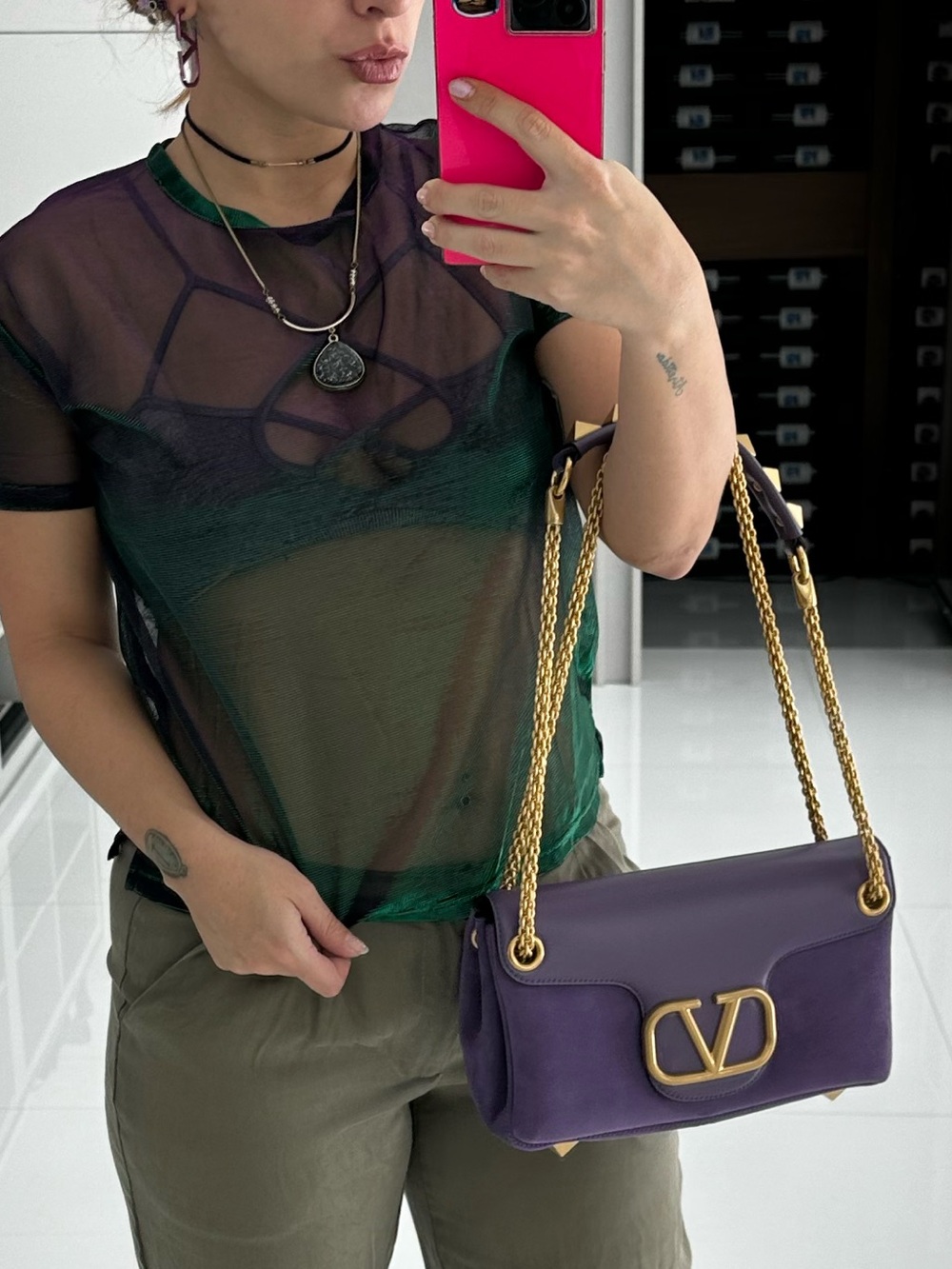 Valentino Garavani gold V LOGO, chain, large studs suede & leather Purple purse